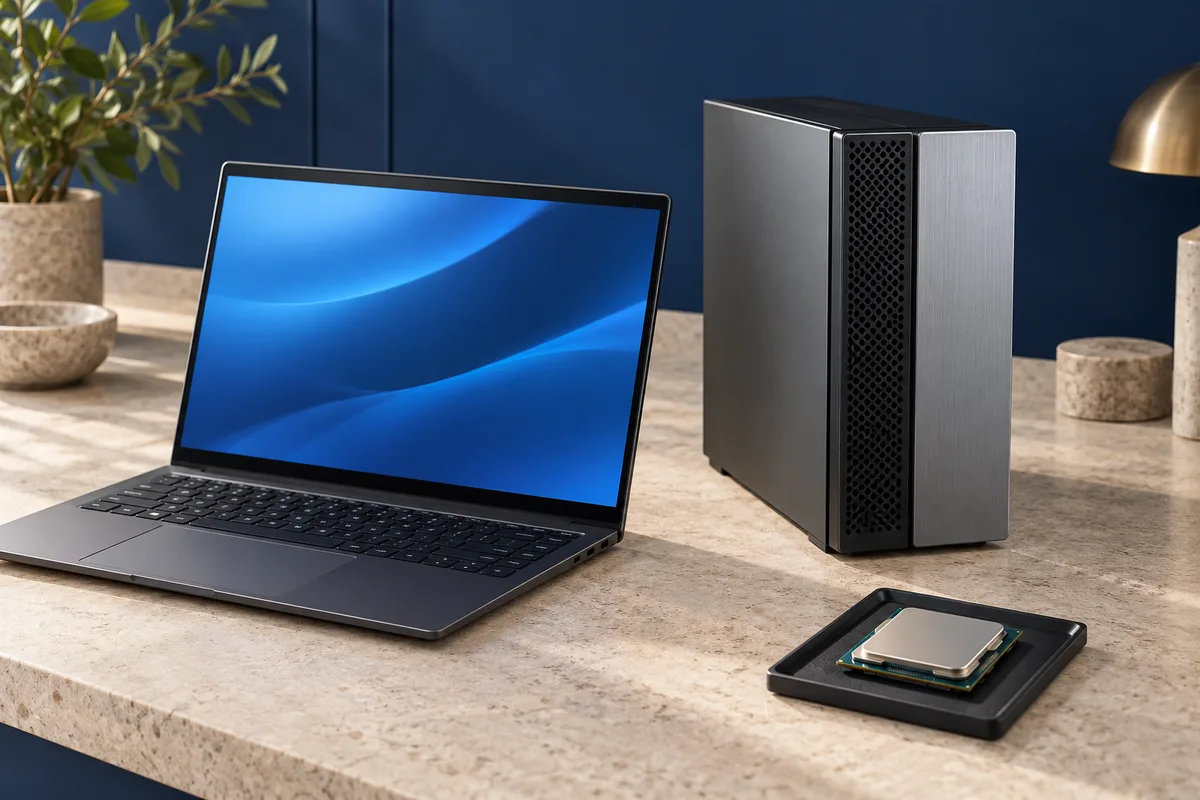 两台不同形态的Windows电脑与处理器选择工作台