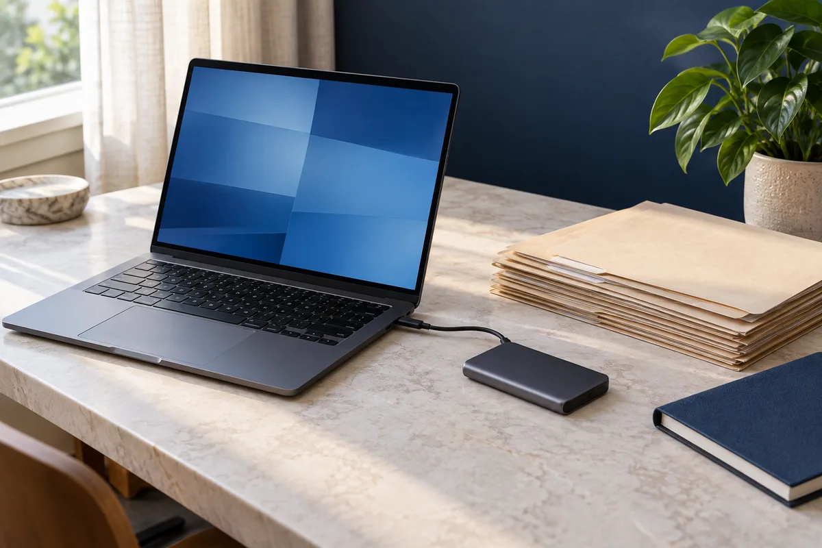 Windows笔记本旁的外置存储与文件整理桌面